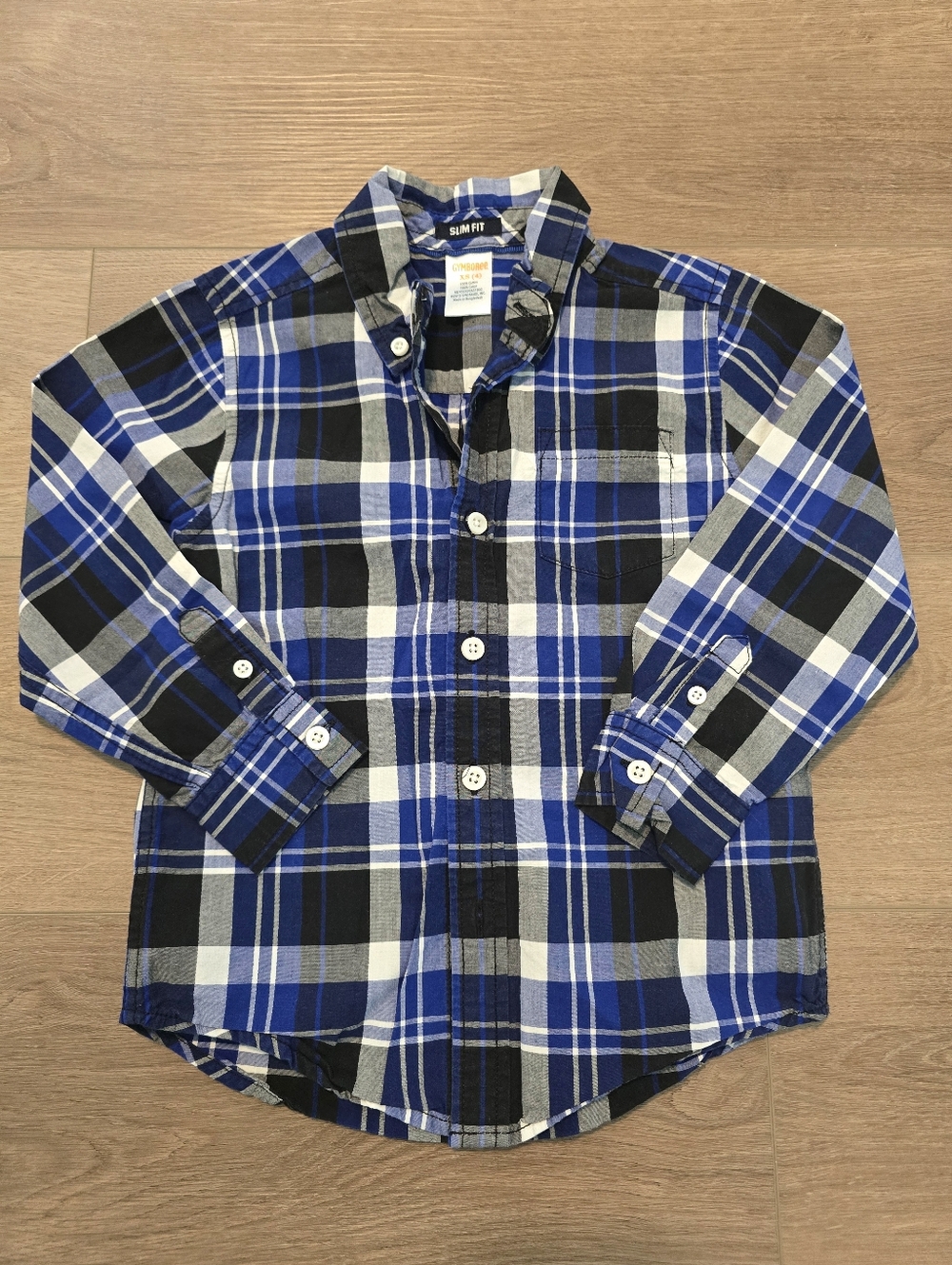 Gymboree Boys Plaid Button-Up Shirt Blue Black Slim Fit Size 4 XS